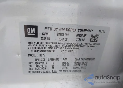 2022 Chevrolet Trax Awd Ls z USA, uszkodzony, nr VIN KL7CJNSM1NB509630